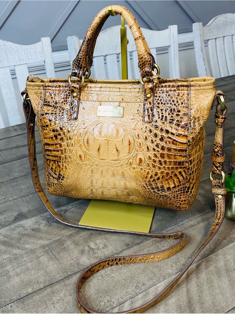 Brahmin Pecan Melbourne Croc Embossed Leather Satchel Tote Bag With Strap